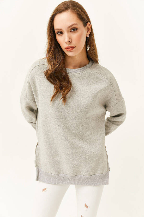 Women's Grey Side Zip Detail Inside Fleece Thick Sweatshirt SWT-19000624 - 3