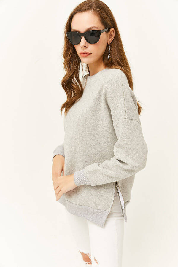 Women's Grey Side Zip Detail Inside Fleece Thick Sweatshirt SWT-19000624 - 4