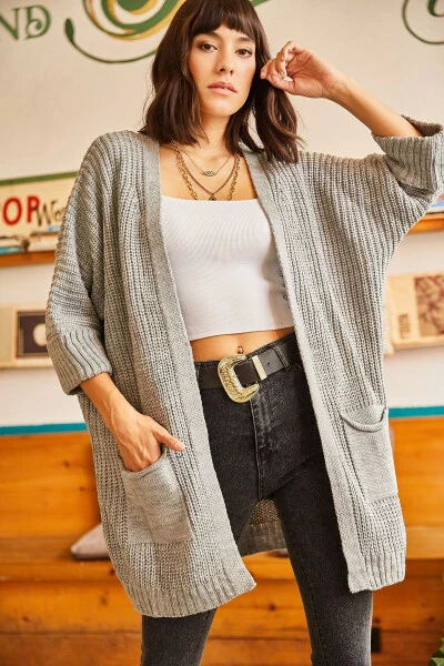 Women's Grey Sleeve Pleated Pocket Loose Knit Cardigan HRK-19000123 - OLALOOK