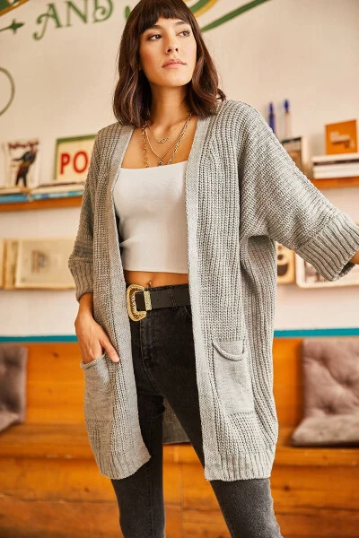 Women's Grey Sleeve Pleated Pocket Loose Knit Cardigan HRK-19000123 - OLALOOK (1)