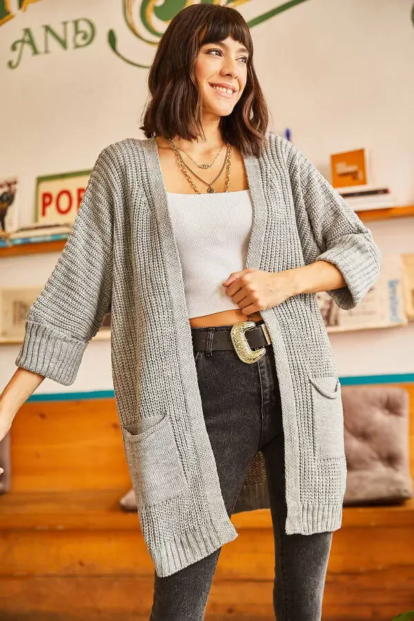 Women's Grey Sleeve Pleated Pocket Loose Knit Cardigan HRK-19000123 - 3