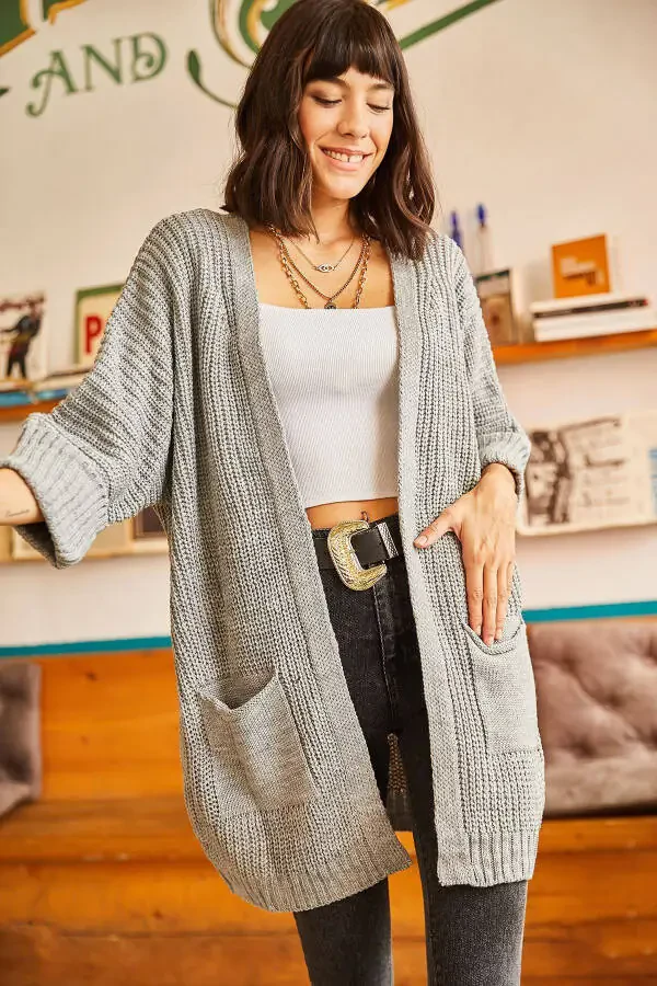 Women's Grey Sleeve Pleated Pocket Loose Knit Cardigan HRK-19000123 - 4