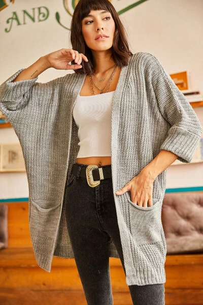 Women's Grey Sleeve Pleated Pocket Loose Knit Cardigan HRK-19000123 - 5