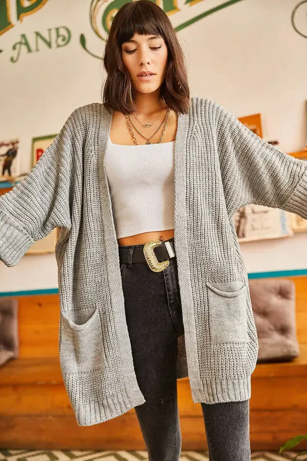 Women's Grey Sleeve Pleated Pocket Loose Knit Cardigan HRK-19000123 - 6
