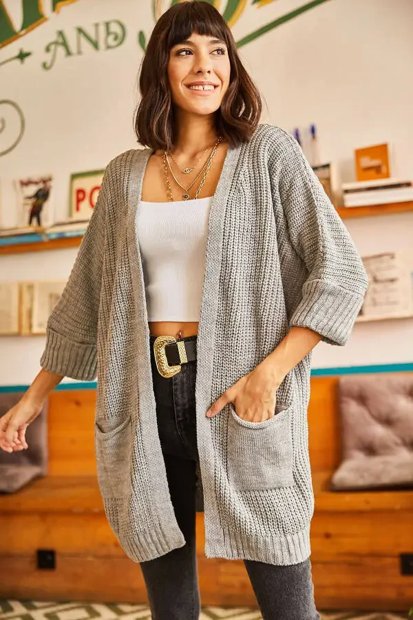 Women's Grey Sleeve Pleated Pocket Loose Knit Cardigan HRK-19000123 - 7