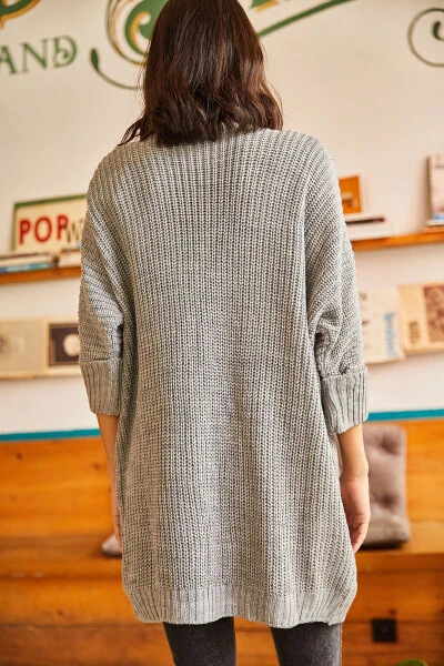 Women's Grey Sleeve Pleated Pocket Loose Knit Cardigan HRK-19000123 - 8