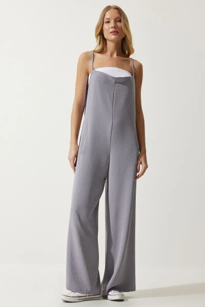 Women's Grey Sleeveless Loose Knit Overall Jumpsuit BF00095 - HAPPINESS İSTANBUL