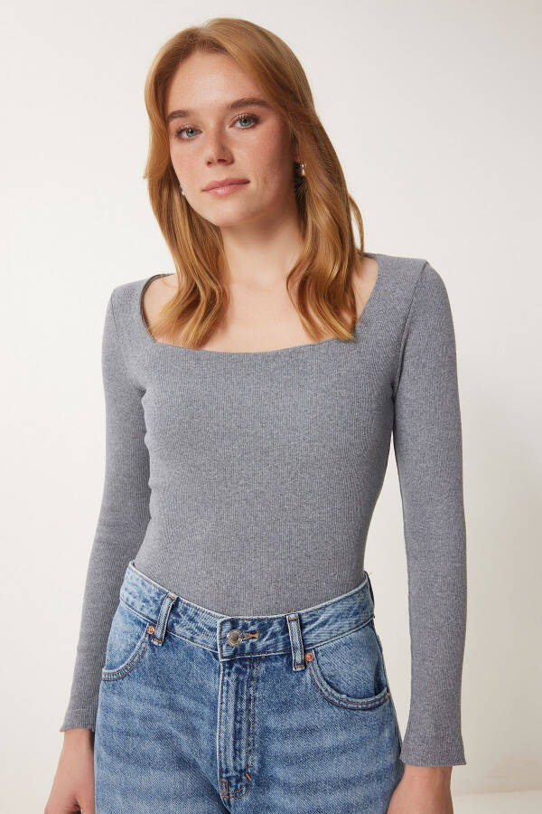 Women's Grey Square Neck Ribbed Knit Blouse GT00052 - 1