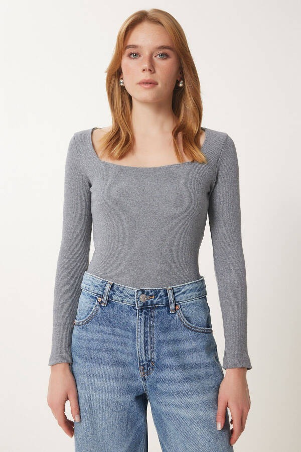 Women's Grey Square Neck Ribbed Knit Blouse GT00052 - 2