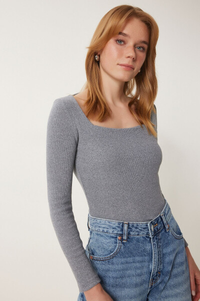 Women's Grey Square Neck Ribbed Knit Blouse GT00052 - 5