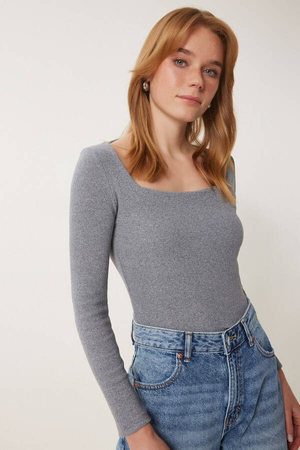 Women's Grey Square Neck Ribbed Knit Blouse GT00052 - 5
