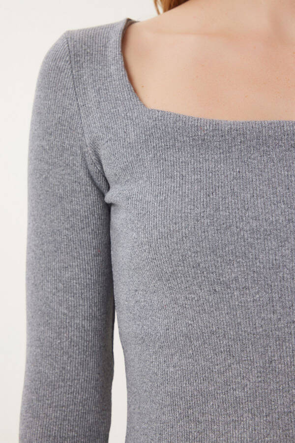 Women's Grey Square Neck Ribbed Knit Blouse GT00052 - 6