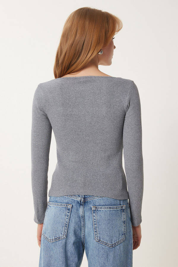 Women's Grey Square Neck Ribbed Knit Blouse GT00052 - 7