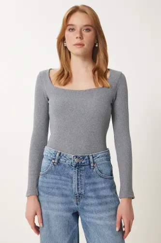 Women's Grey Square Neck Ribbed Knit Blouse GT00052 - 4