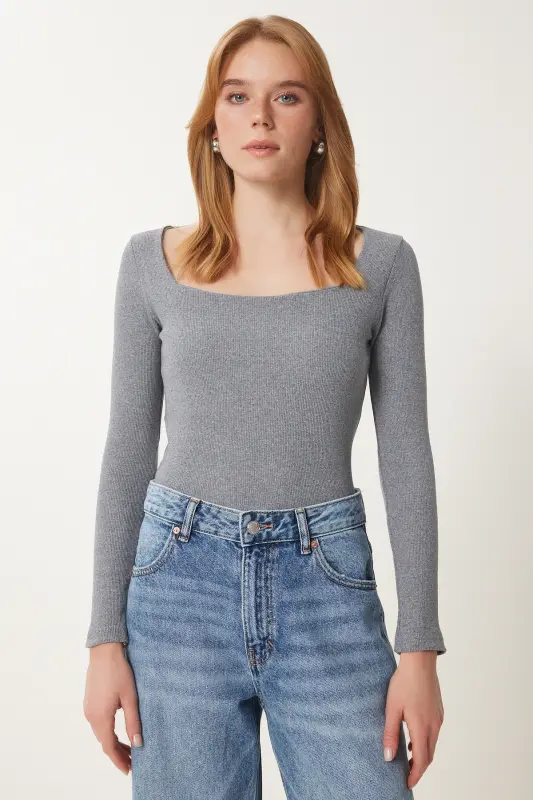 Women's Grey Square Neck Ribbed Knit Blouse GT00052 - 4