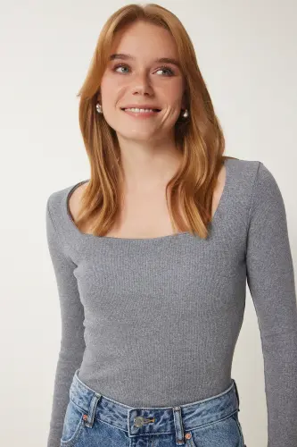 Women's Grey Square Neck Ribbed Knit Blouse GT00052 - 5