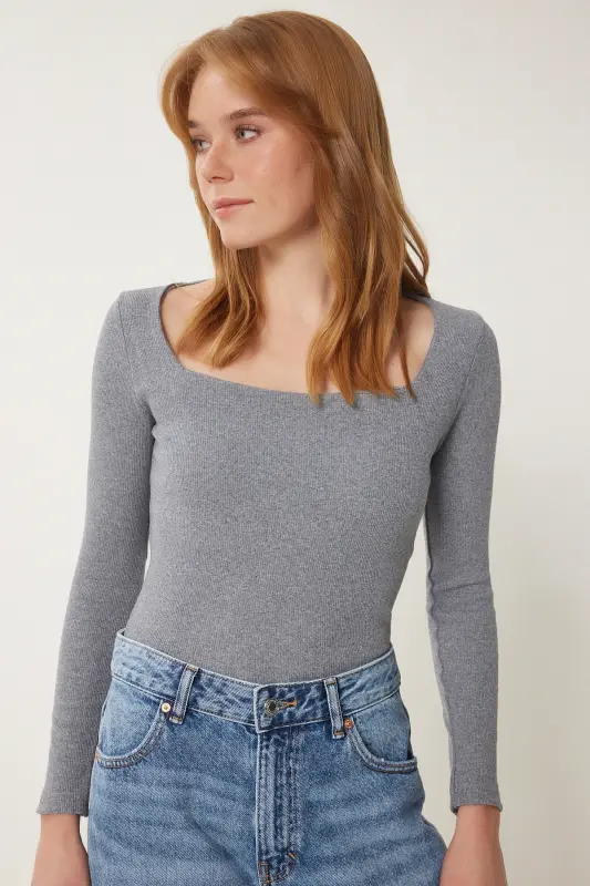 Women's Grey Square Neck Ribbed Knit Blouse GT00052 - 6