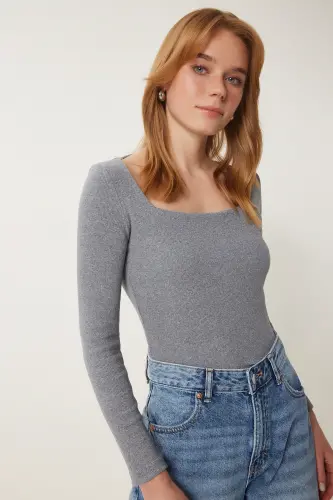Women's Grey Square Neck Ribbed Knit Blouse GT00052 - 7