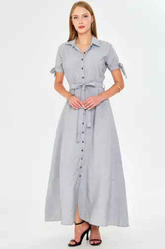 Women's Grey Tie Sleeve Belted Waist Shirt Dress ARM-23Y001004-Grey - 10