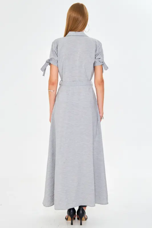 Women's Grey Tie Sleeve Belted Waist Shirt Dress ARM-23Y001004-Grey - 12