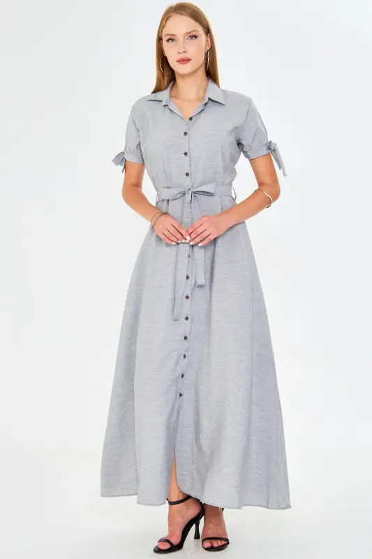 Women's Grey Tie Sleeve Belted Waist Shirt Dress ARM-23Y001004-Grey - 5