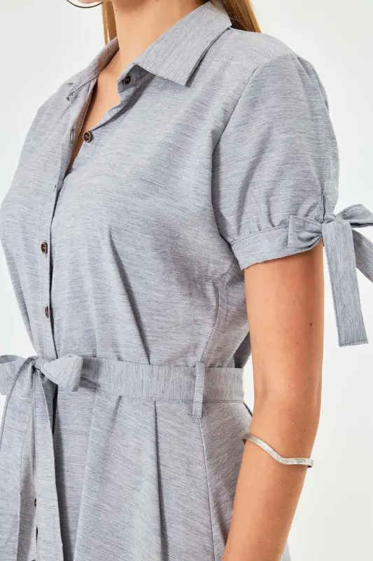Women's Grey Tie Sleeve Belted Waist Shirt Dress ARM-23Y001004-Grey - 6