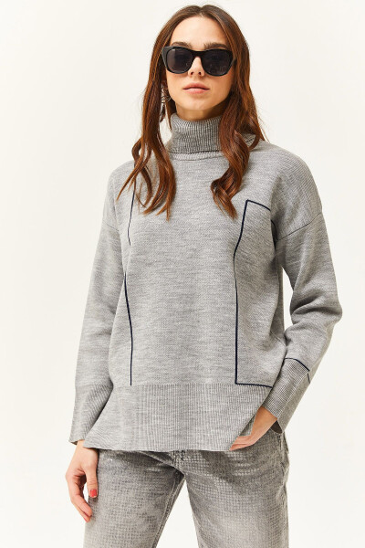 Women's Grey Turtleneck Stripe Detail Knitted Sweater KZK-19000791 - OLALOOK