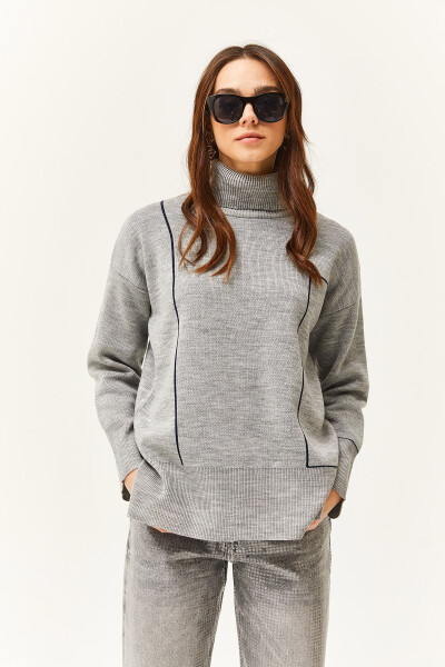 Women's Grey Turtleneck Stripe Detail Knitted Sweater KZK-19000791 - OLALOOK (1)