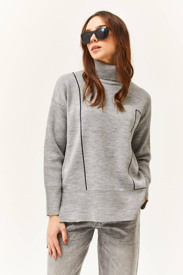 Women's Grey Turtleneck Stripe Detail Knitted Sweater KZK-19000791 - 3