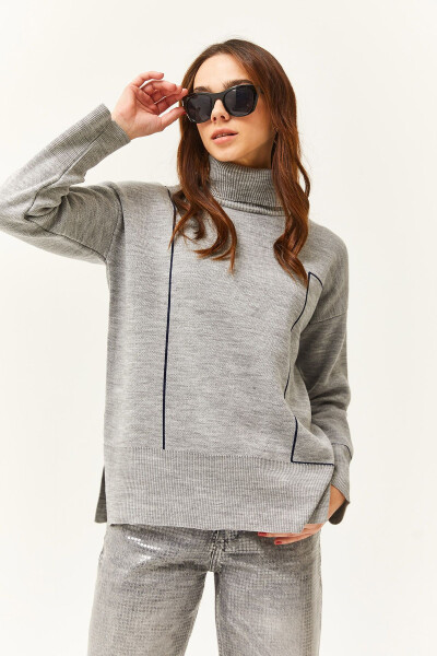 Women's Grey Turtleneck Stripe Detail Knitted Sweater KZK-19000791 - 4