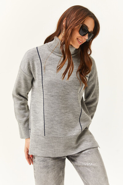 Women's Grey Turtleneck Stripe Detail Knitted Sweater KZK-19000791 - 5