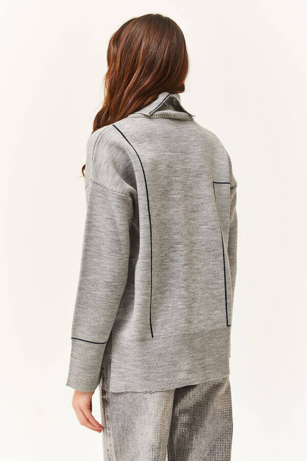 Women's Grey Turtleneck Stripe Detail Knitted Sweater KZK-19000791 - 6