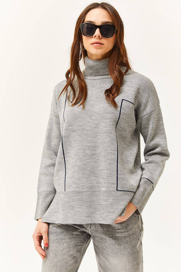 Women's Grey Turtleneck Stripe Detail Knitted Sweater KZK-19000791 - 1