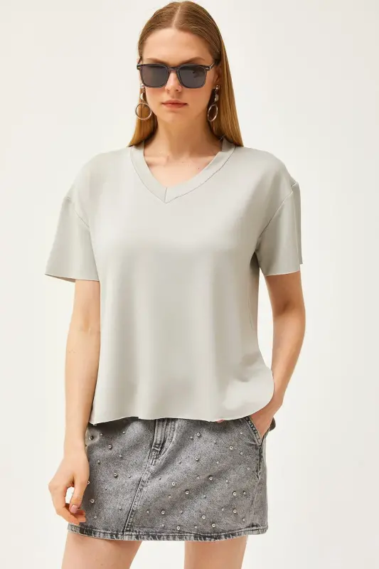 Women's Grey V-Neck Oval Bottom Modal Touch T-Shirt TSH - OLALOOK