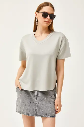 Women's Grey V-Neck Oval Bottom Modal Touch T-Shirt TSH - OLALOOK (1)