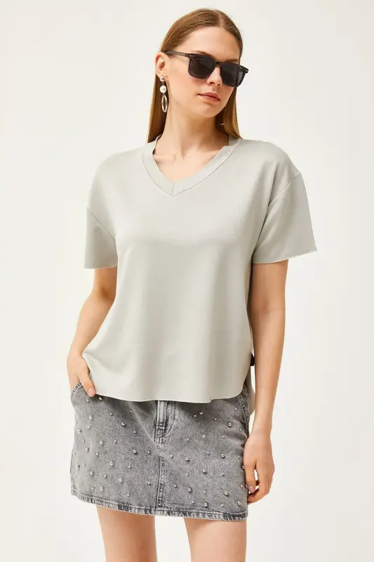 Women's Grey V-Neck Oval Bottom Modal Touch T-Shirt TSH - 2