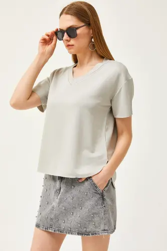 Women's Grey V-Neck Oval Bottom Modal Touch T-Shirt TSH - 3