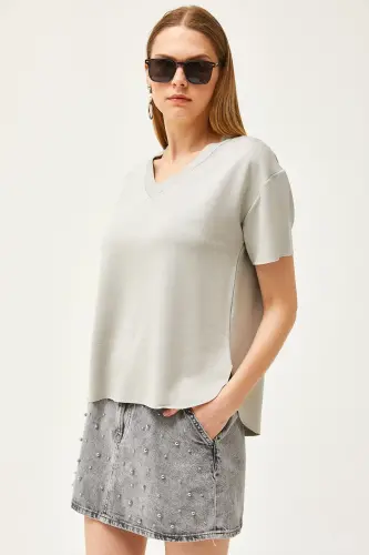 Women's Grey V-Neck Oval Bottom Modal Touch T-Shirt TSH - 4