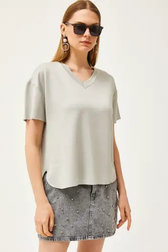 Women's Grey V-Neck Oval Bottom Modal Touch T-Shirt TSH - 5