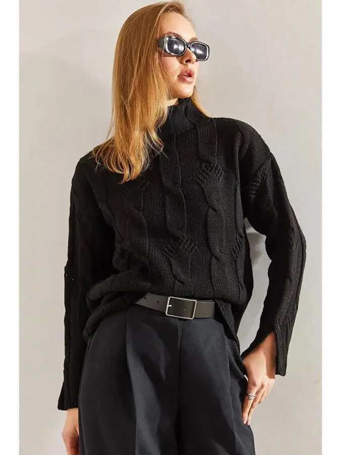 Women's Half Fisherman Neck Hair Braid Pattern Knit Sweater - 1