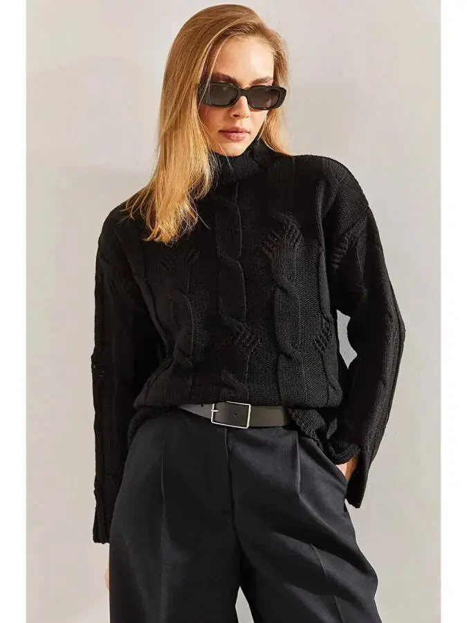 Women's Half Fisherman Neck Hair Braid Pattern Knit Sweater - 3