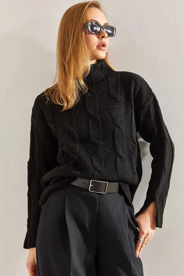 Women's Half Fisherman Neck Hair Braid Pattern Knit Sweater - 11