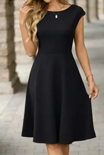 Women's Half Moon Sleeve Open Neck Beltless Midi Imported Crepe Dress - 1