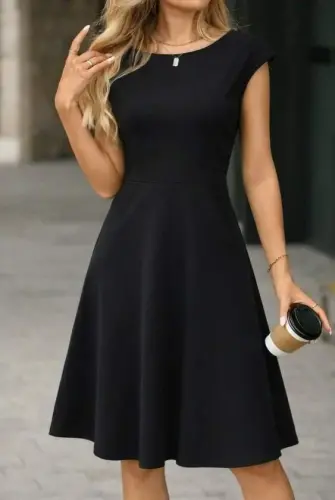 Women's Half Moon Sleeve Open Neck Beltless Midi Imported Crepe Dress - BÜYÜKBEDENIZ (1)