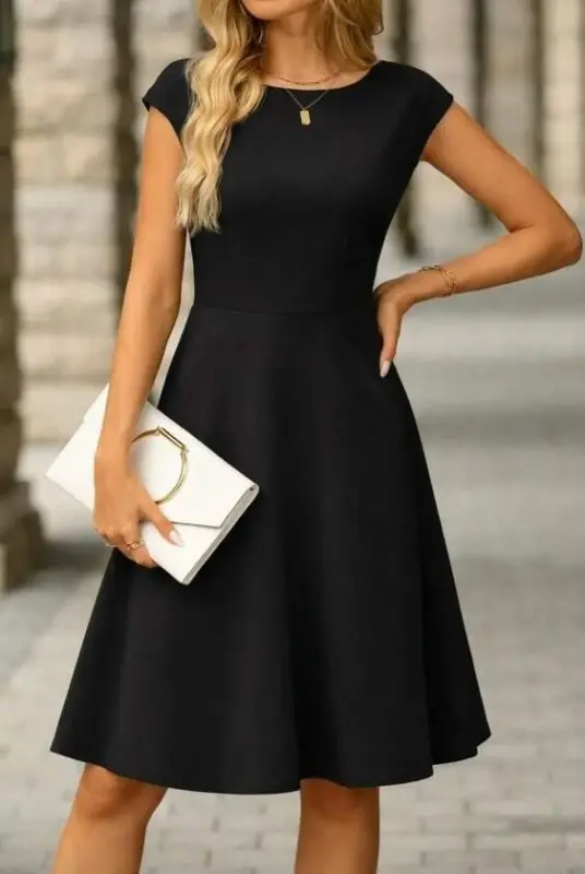 Women's Half Moon Sleeve Open Neck Beltless Midi Imported Crepe Dress - 3