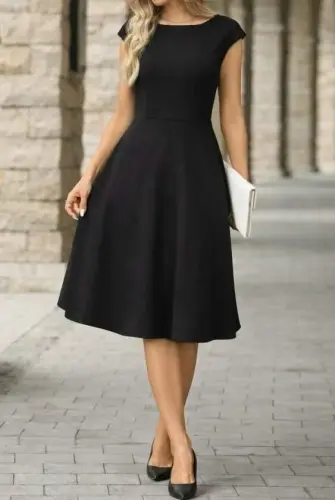 Women's Half Moon Sleeve Open Neck Beltless Midi Imported Crepe Dress - 5