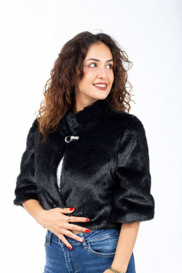 Women's Half Sleeve Brooch Bridal & Evening Black Fur Stole Bolero - 6