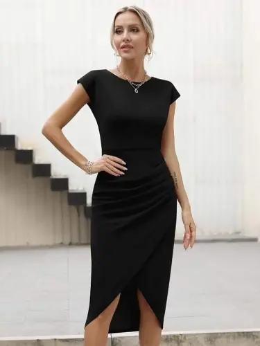 Women's Half Sleeve Crew Neck Side Draped Imported Crepe Dress - 1