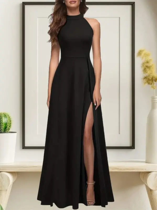 Women's Halter Neck Deep Slit Detailed Full Length Imported Crepe Evening Dress - 1