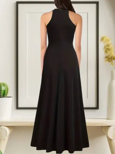 Women's Halter Neck Deep Slit Detailed Full Length Imported Crepe Evening Dress - BÜYÜKBEDENIZ (1)